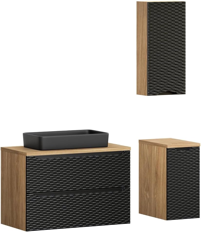 Lomadox Badezimmer Badmöbel Set 3-teilig mit 90cm Doppelwaschtisch in Eiche mit schwarz, Front mit 3D-Struktur in Wellenoptik