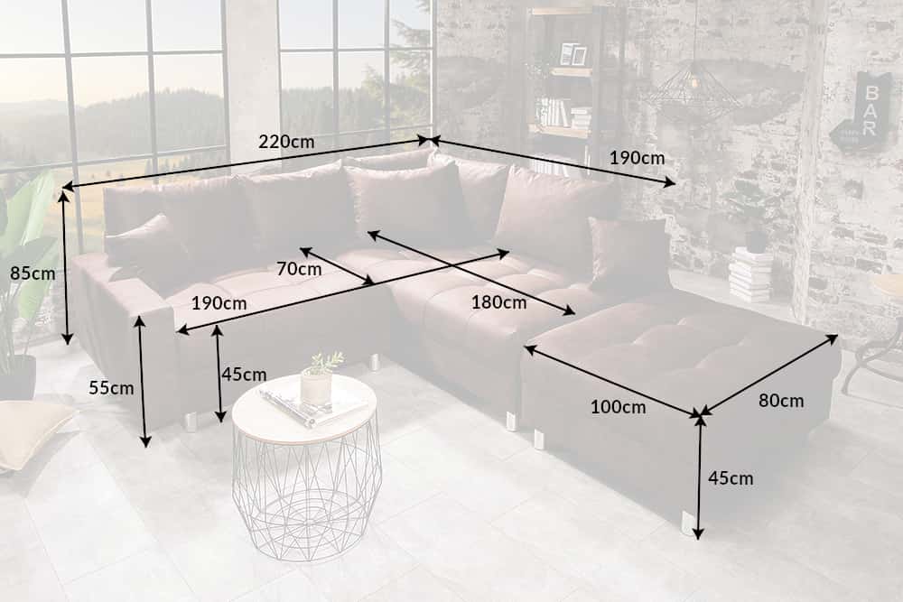 Modernes Ecksofa KENT 220cm braun Federkern Wohnlandschaft inkl. Hocker und Kissen