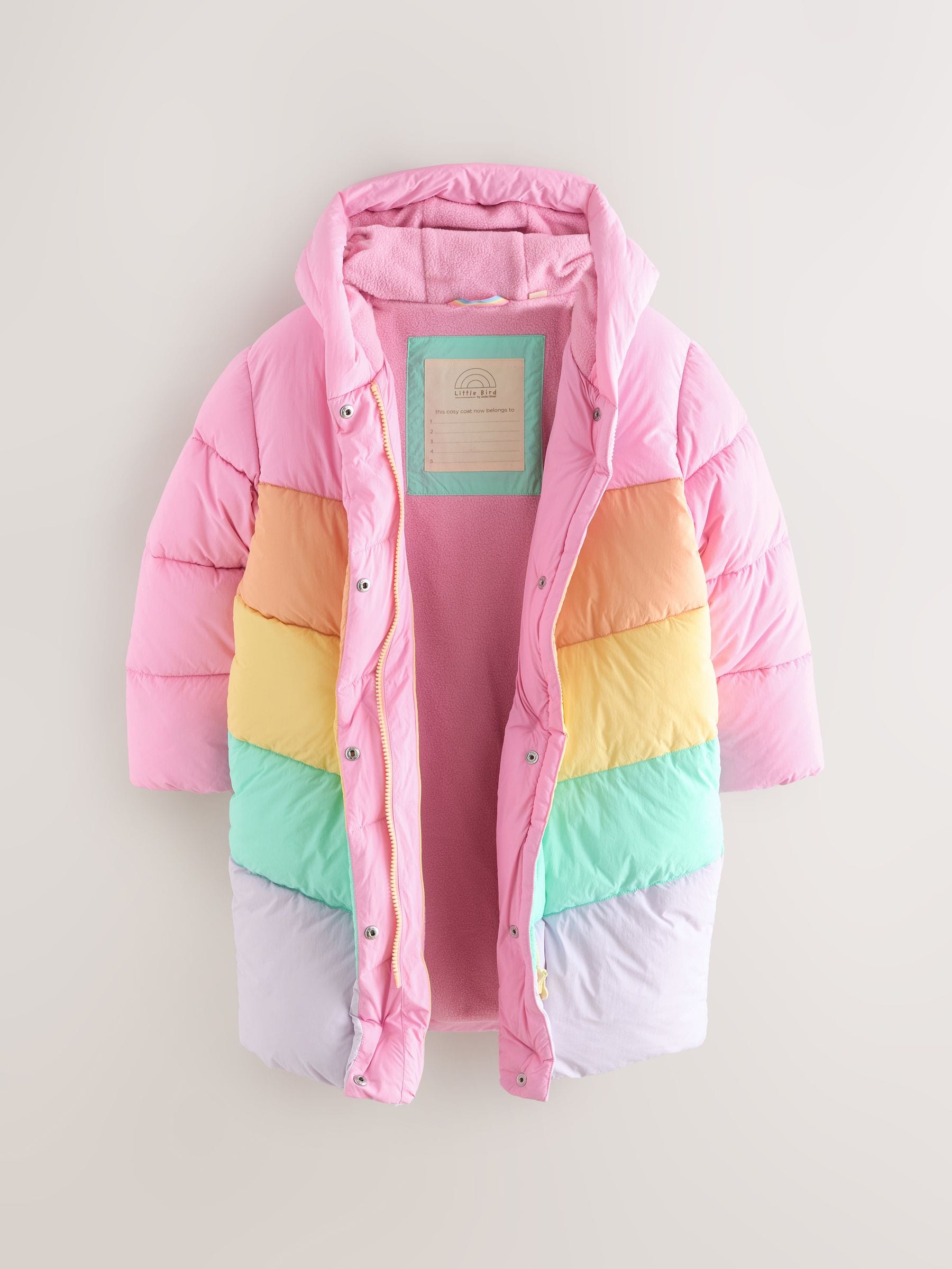 Little Bird by Jools Oliver regenbestendige lange gewatteerde jas met pastelkleurige regenboogprint