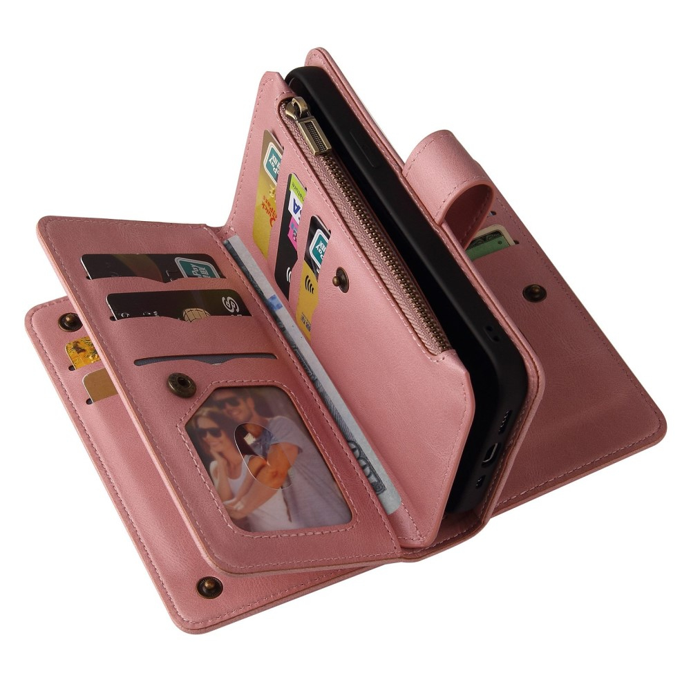 iPhone 14 Pro Max Leder Wallet Etui Tasche mit 13 Kartenfächern   Münzfach - Rosa