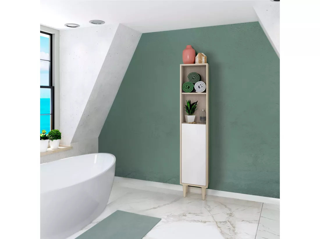 Colonne de salle de bain Dokol, Élément mural de salle de bain avec 1 porte, Armoire haute, 30x25h150 cm, Chêne et Blanc Brillant