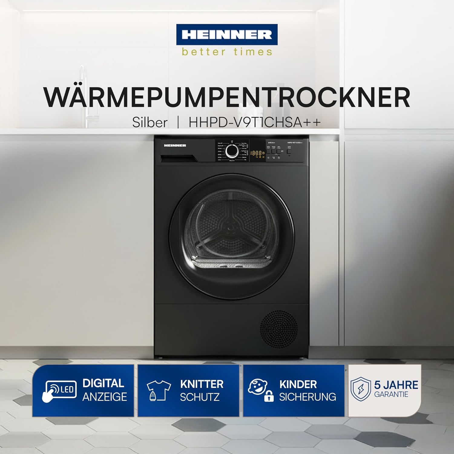 HHPD‑V9T1CHA++ – Warmtepompdroger 9kg, Energieklasse A++, 15 programma's, LED-display – Stil & energiezuinig – 5 jaar garantie (Anthrazit, 9 KG)