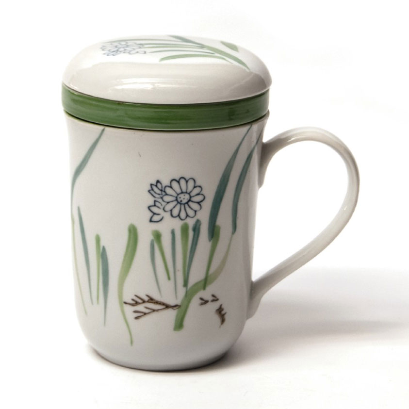 Teetasse 'Blossom' mit Teesieb, weiß/grün, H 13,5 cm, Ø 8,5 cm zu 12,80