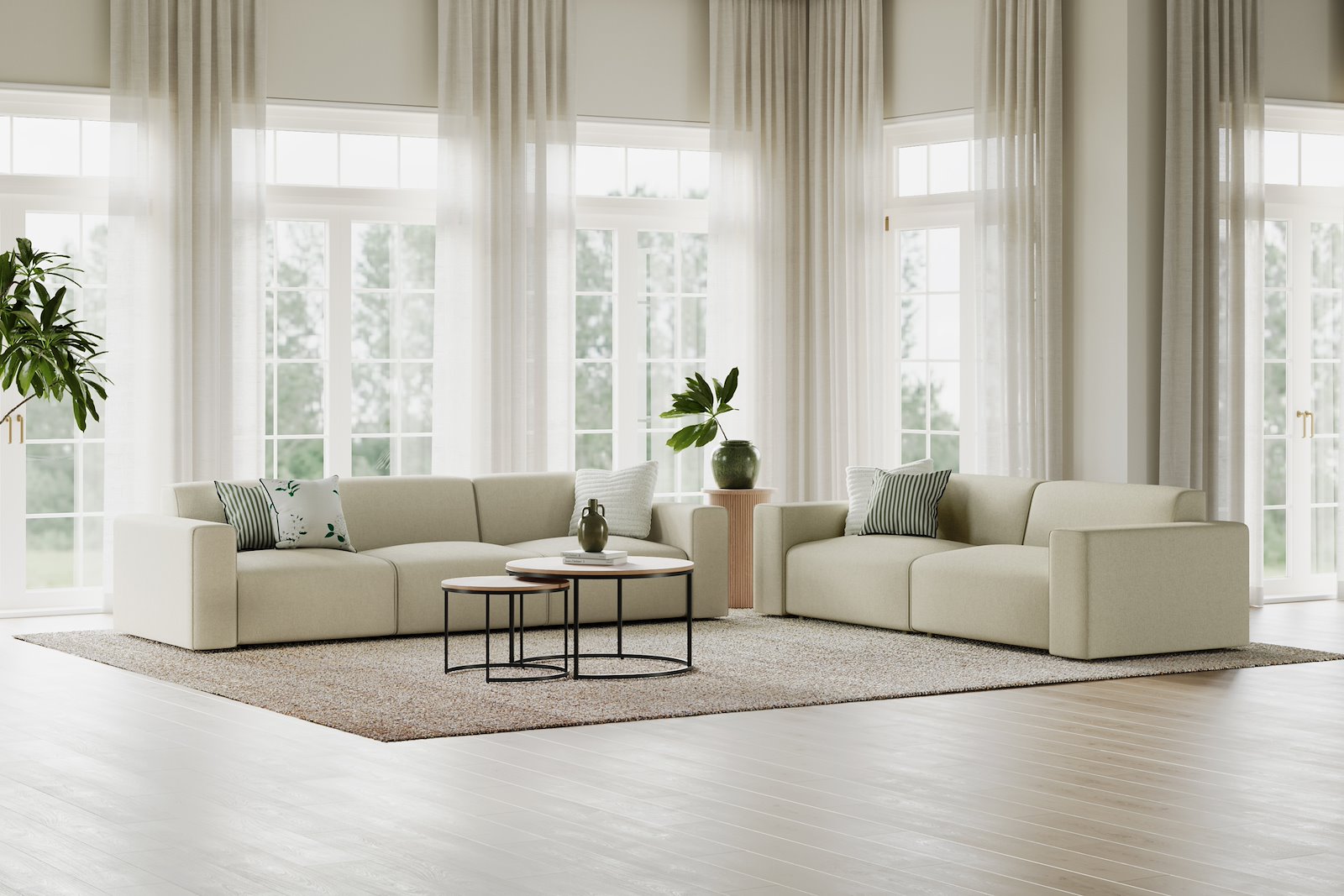 Styl 3-seter duo puter Tekstil Brooklyn 14 Latte med sorte ben.