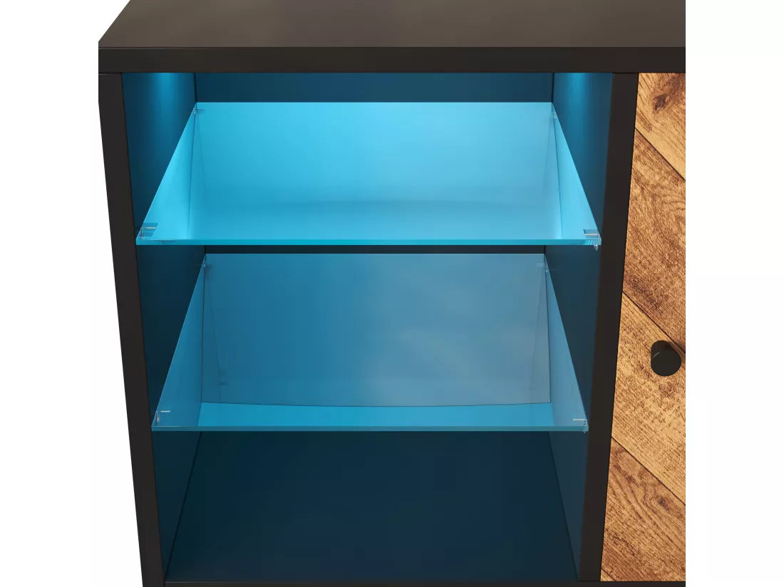 Buffet haut avec LED - 1 porte + 3 tiroirs + 5 compartiments - Naturel + Noir