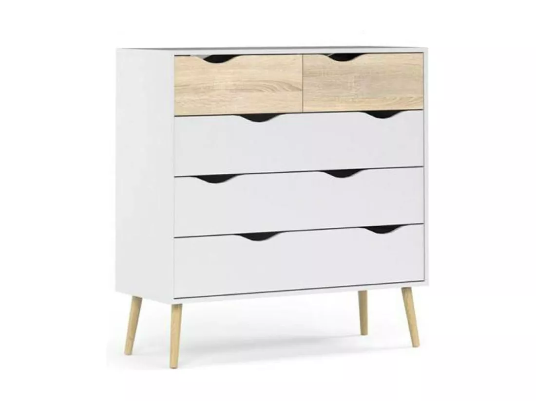 Commode à cinq tiroirs, blanc et chêne, Mesures 98 x 100 x 39 cm