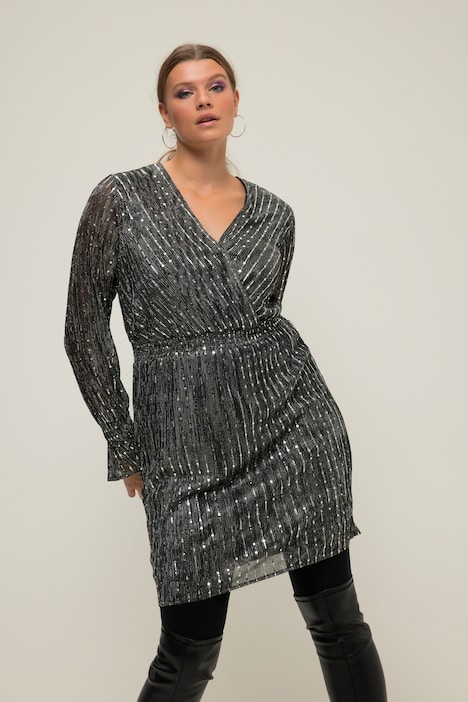 Kleid, fitted Fit, Pailletten, Minilänge, V-Ausschnitt, Rüschen-Langarm