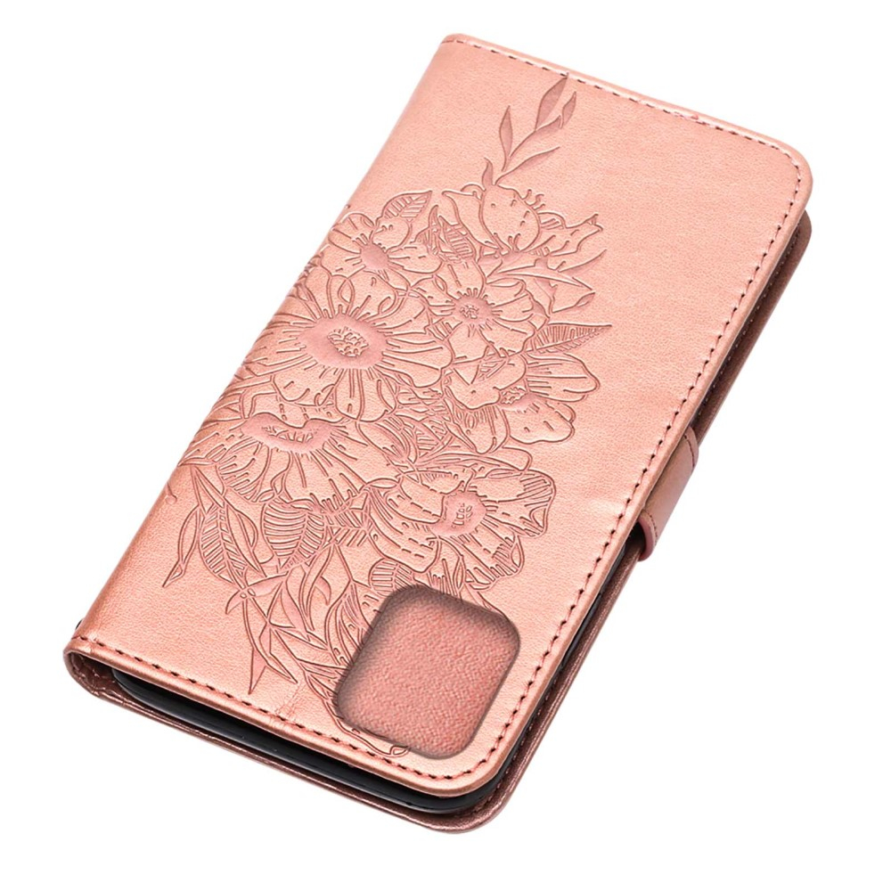 iPhone 13 Pro Leder Tasche mit Kartenfach   Handschlaufe Schmetterling / Blumen - Roségold