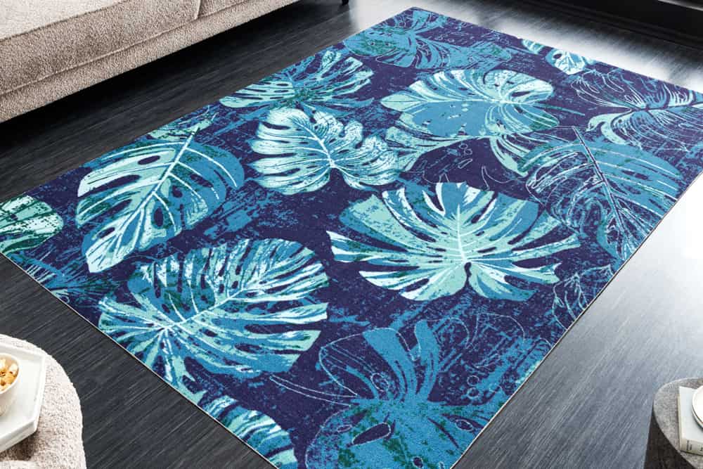 In- und Outdoor Teppich LEAF 180x120cm blau grün Blatt-Design Läufer wetterfest