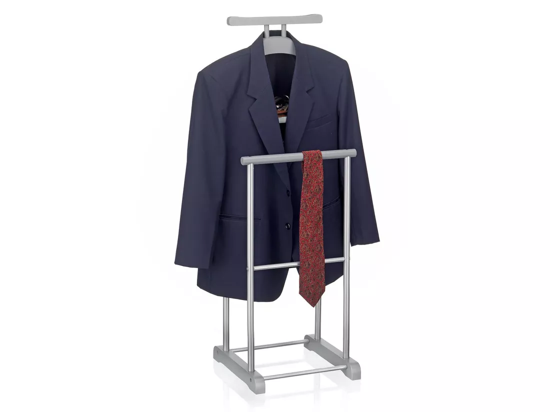 Valet de chambre MEDINA chevalet de nuit double portant pour vêtements, en MDF gris et métal laqué argenté