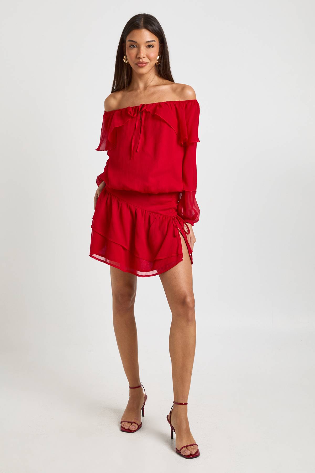 boohoo Blouse Bardot en Mousseline à Volants
