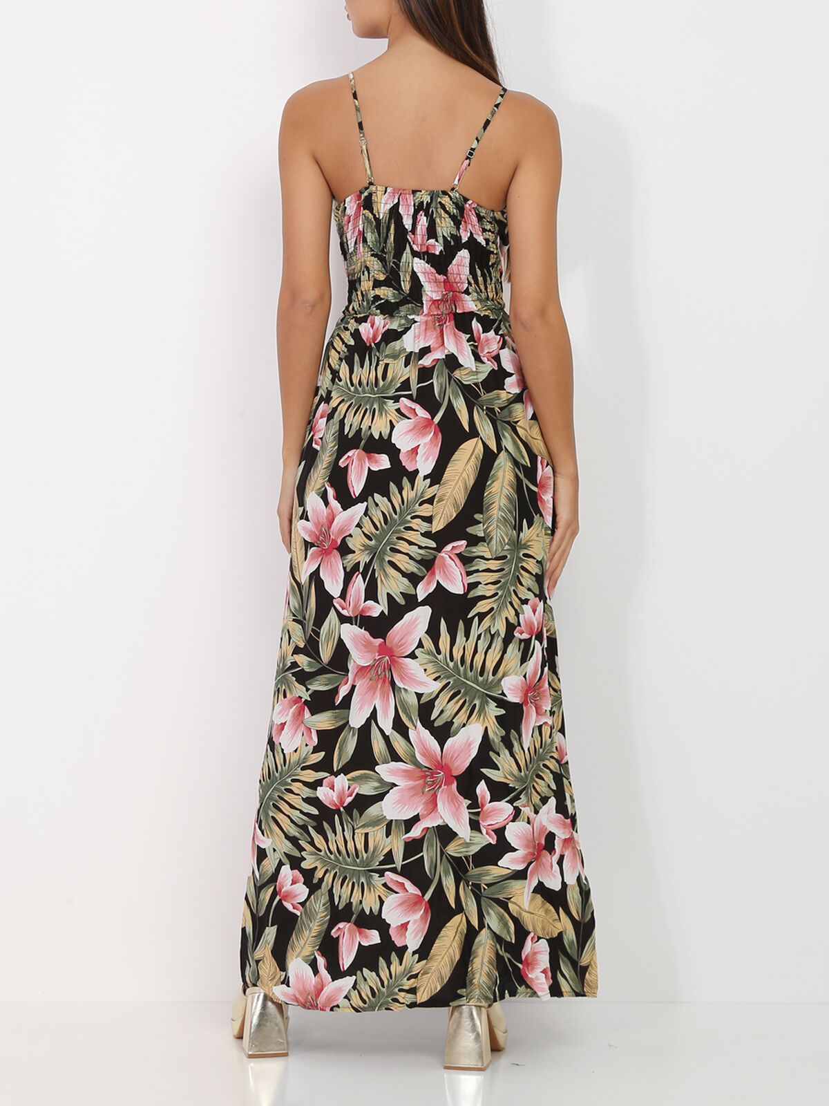 Robe longue à motif tropical- Noir