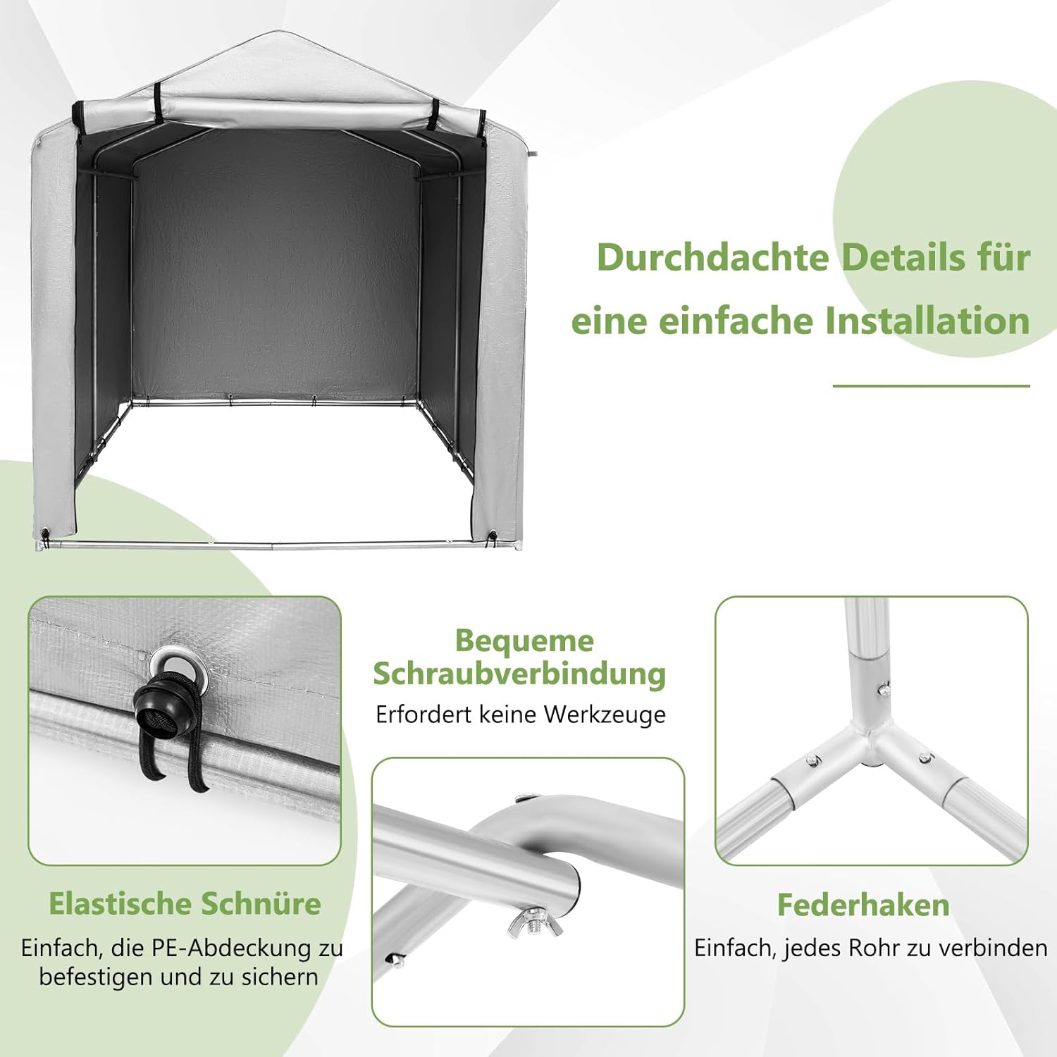 COSTWAY Garagenzelt 160 x 218 x 164 cm, Gerätehaus Wasserdicht mit Metallrahmen & aufrollbarer Reißverschlusstür, Zeltgarage für Fahrräder Motorräder Gartengeräte (Silbergrau)