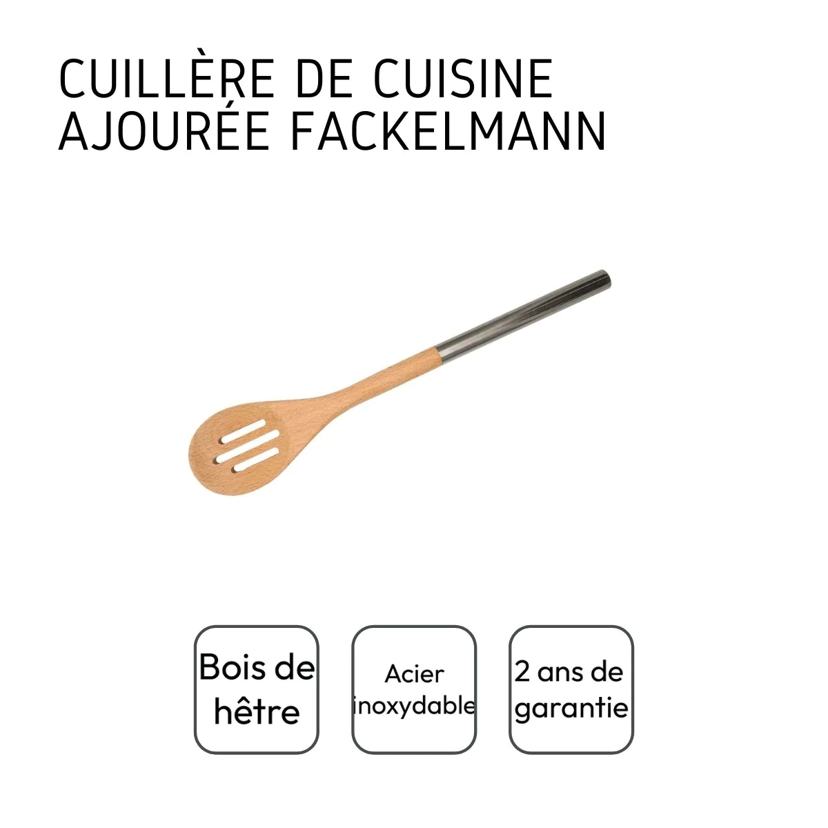 Cuillère en bois ajourée avec manche inox 34 cm en tout Boissellerie F