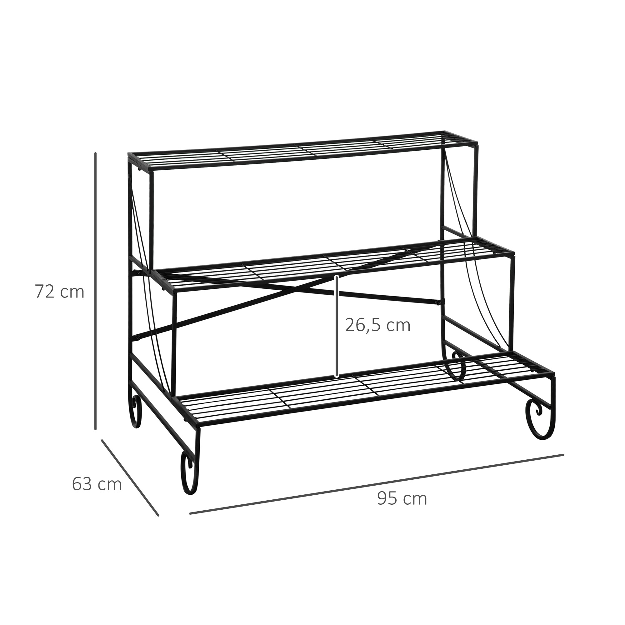 Suporte de metal para plantas Outsunny com 3 níveis, suporte para flores em formato de escada, suporte multifuncional para vasos de flores para decoração interna e externa, 95x63x72 cm, preto