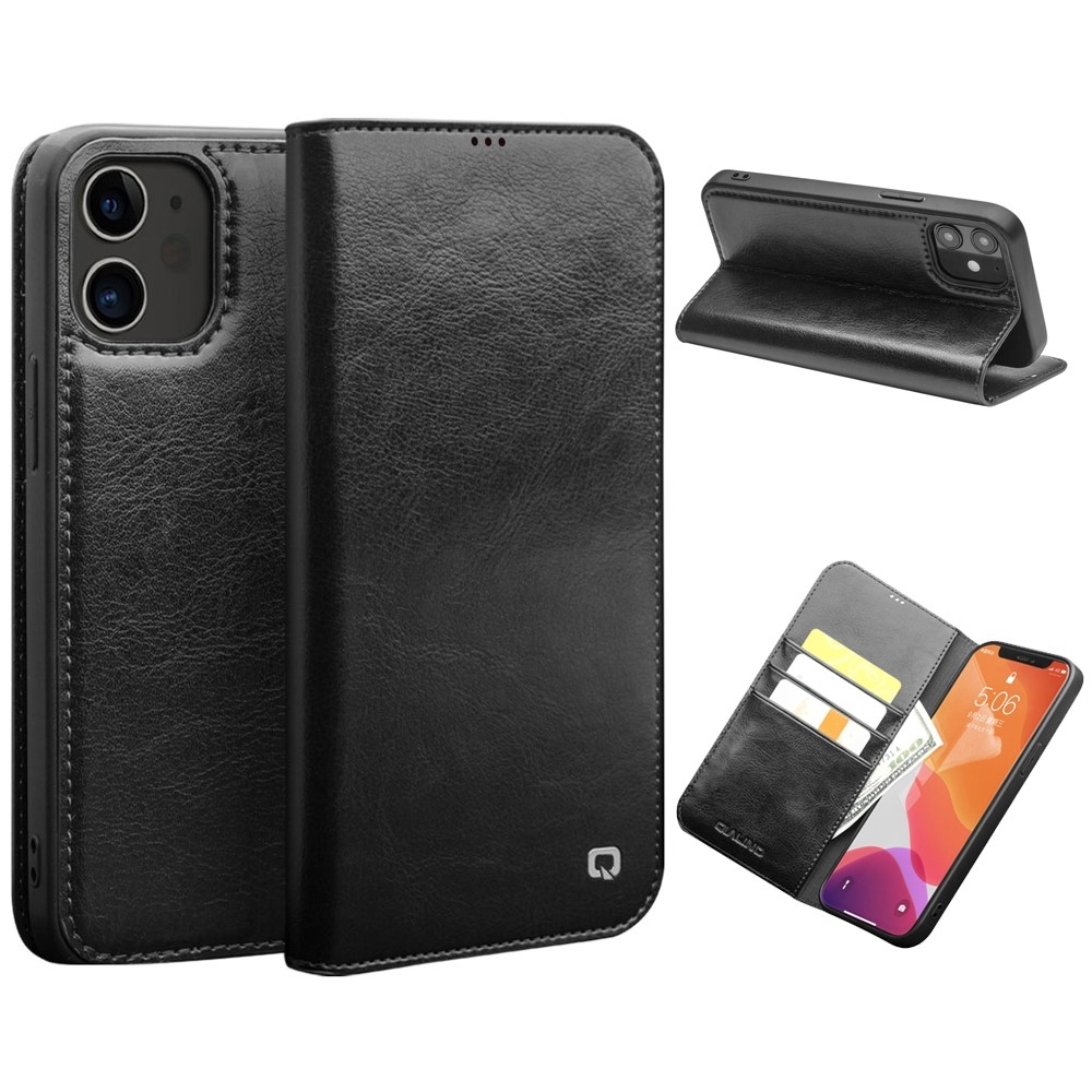 iPhone 12 / iPhone 12 Pro Echtleder Tasche Flip Cover mit Kartenfächer - Schwarz