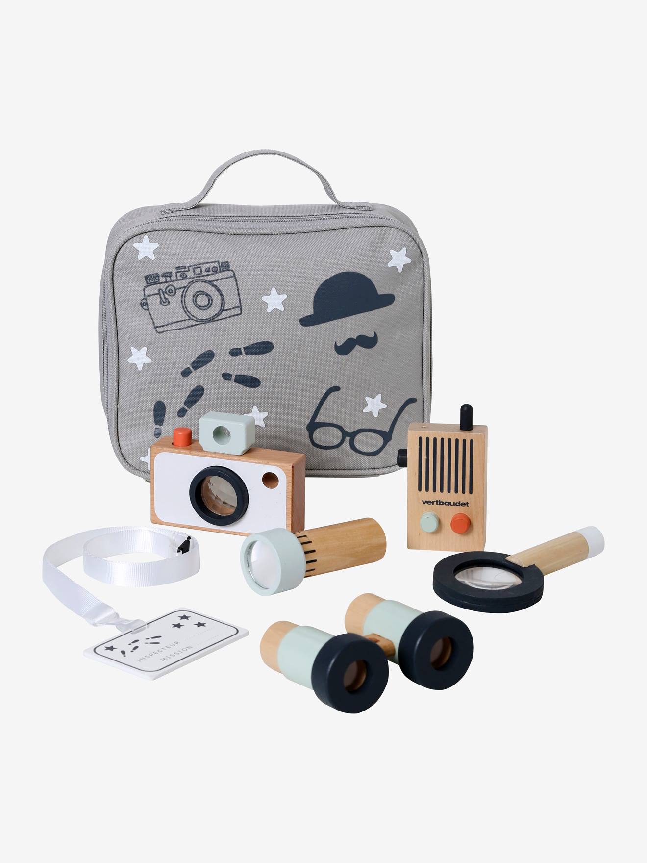 Kit de detetive em madeira FSC®, cinza médio, liso com motivos.