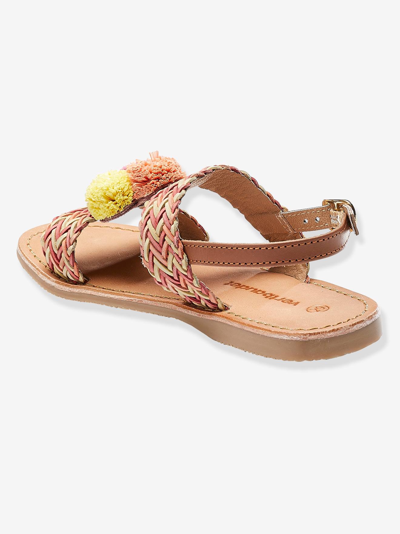 Sandálias de couro para meninas com borlas, rosa médio, lisas com motivos.