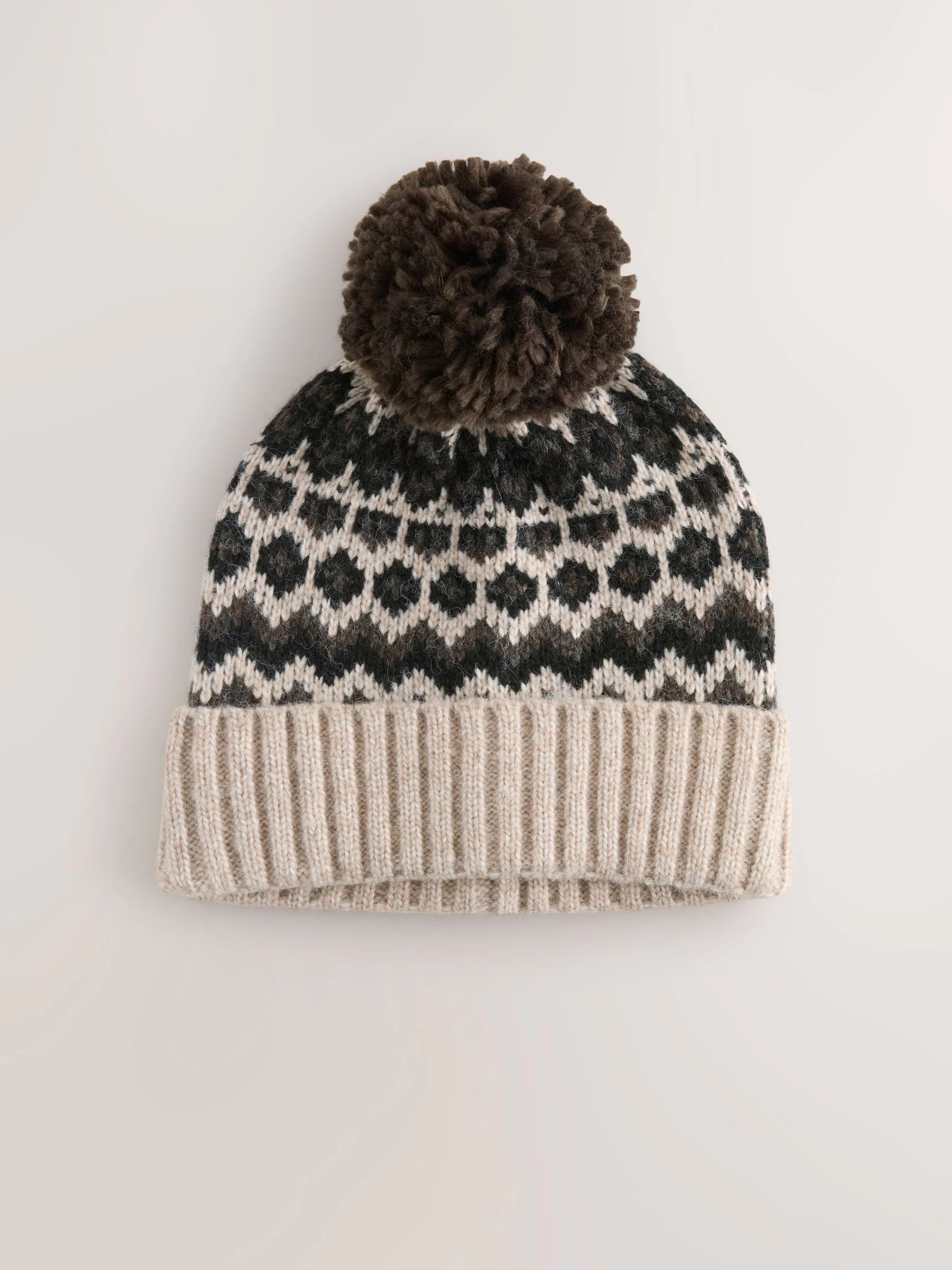 Naturel bruin - Muts met pompon in Fair Isle-motief