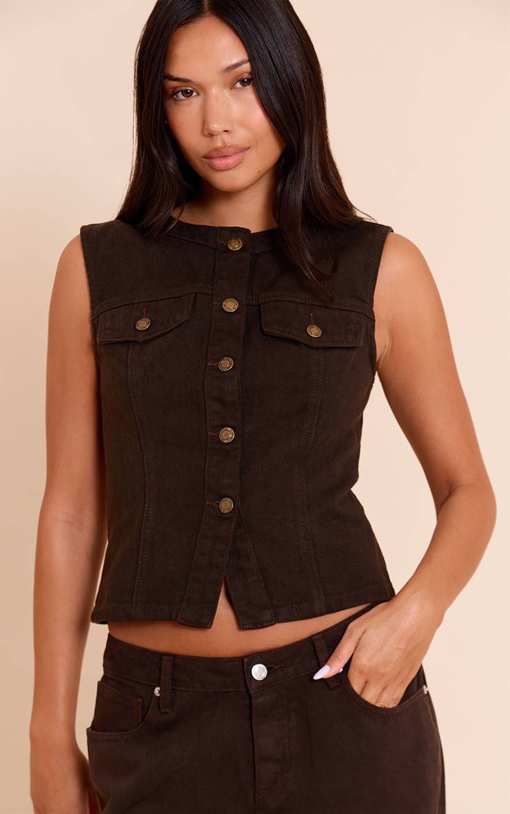 Dark Chocolate Haut En Denim Sans Col Avec Boutonnage