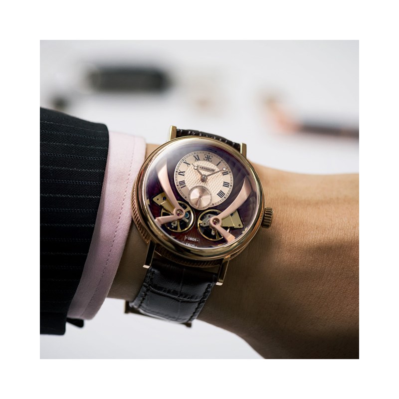 Montre automatique squelette Earnshaw - Bracelet cuir véritable de vachette - 2 aiguilles, coeur ouvert - Beaufort Anatolia