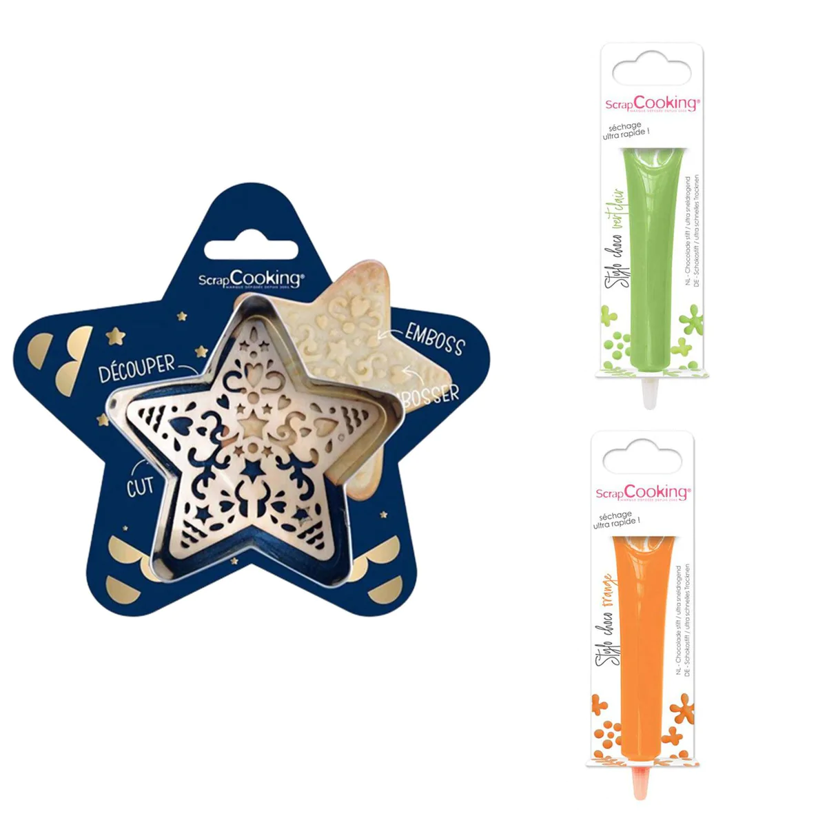 Kit pour biscuit en relief Étoile + 2 Stylos au chocolat vert clair et