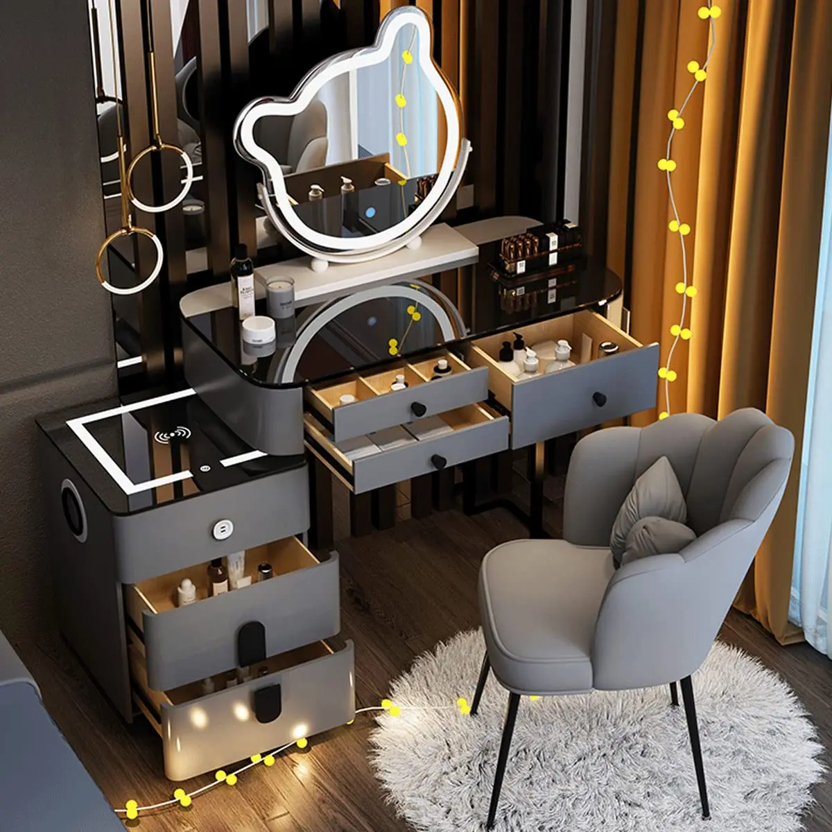 Conjunto de penteadeira com espelho e luzes LED de 3 cores, com banqueta acolchoada, para quarto de família, para ela (120 cm/47,2 pol.)