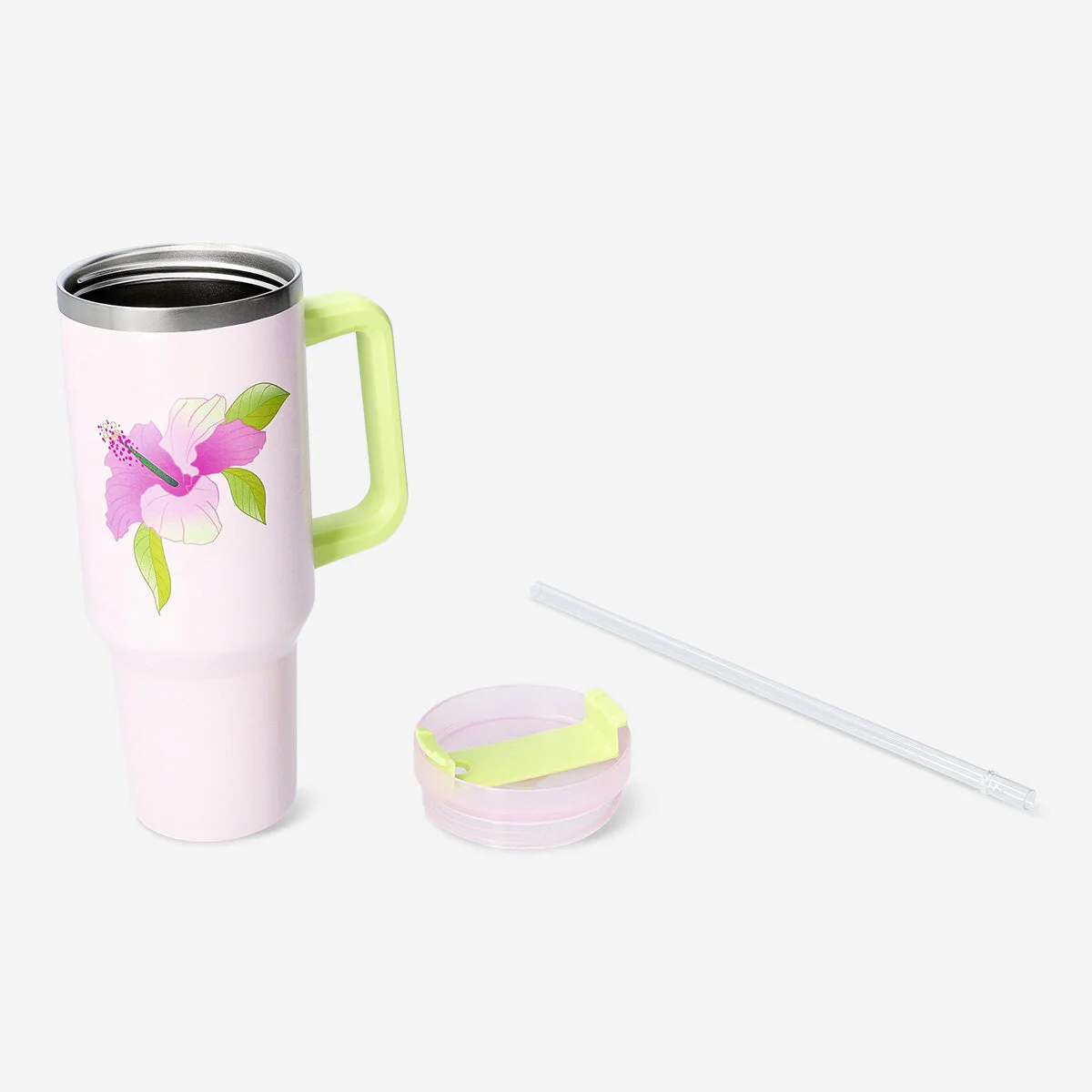 Drikkeglas med hibiscusprint, låg og sugerør - 1200 ml