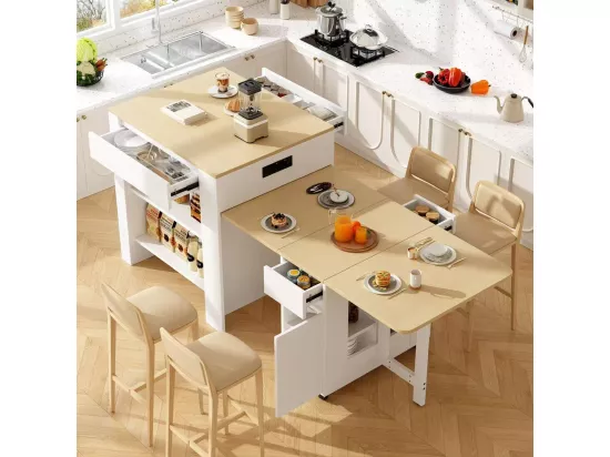 Ilot central de cuisine avec 4 tiroirs et étagères ouvertes - Plateau extensible - 110(214)x78x97.5 cm - 2 à 6 personnes - Blanc+naturel