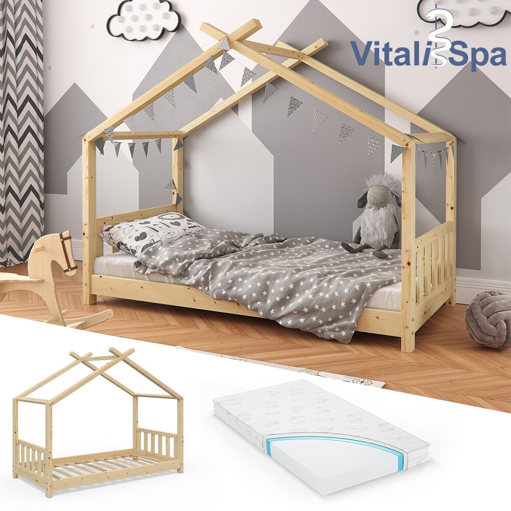 VITALISPA Kinderbett Hausbett DESIGN 80x160cm Natur Zaun Kinder Holz Haus Hausbett mit Matratze