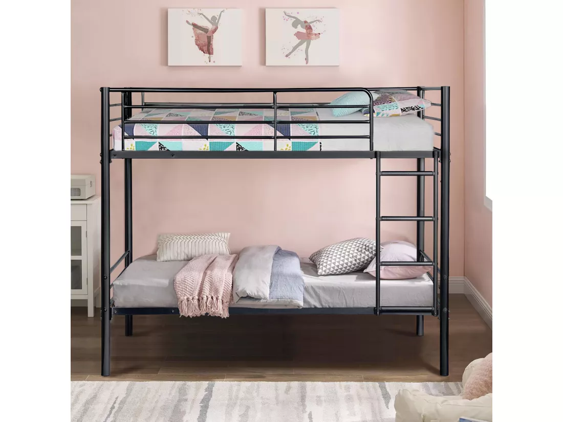 Meubles Cosy Lit superposé Lit surélevé pour 2 Personnes Sommier inclus 90 x 190 cm Métal laqué Noir Style Industriel