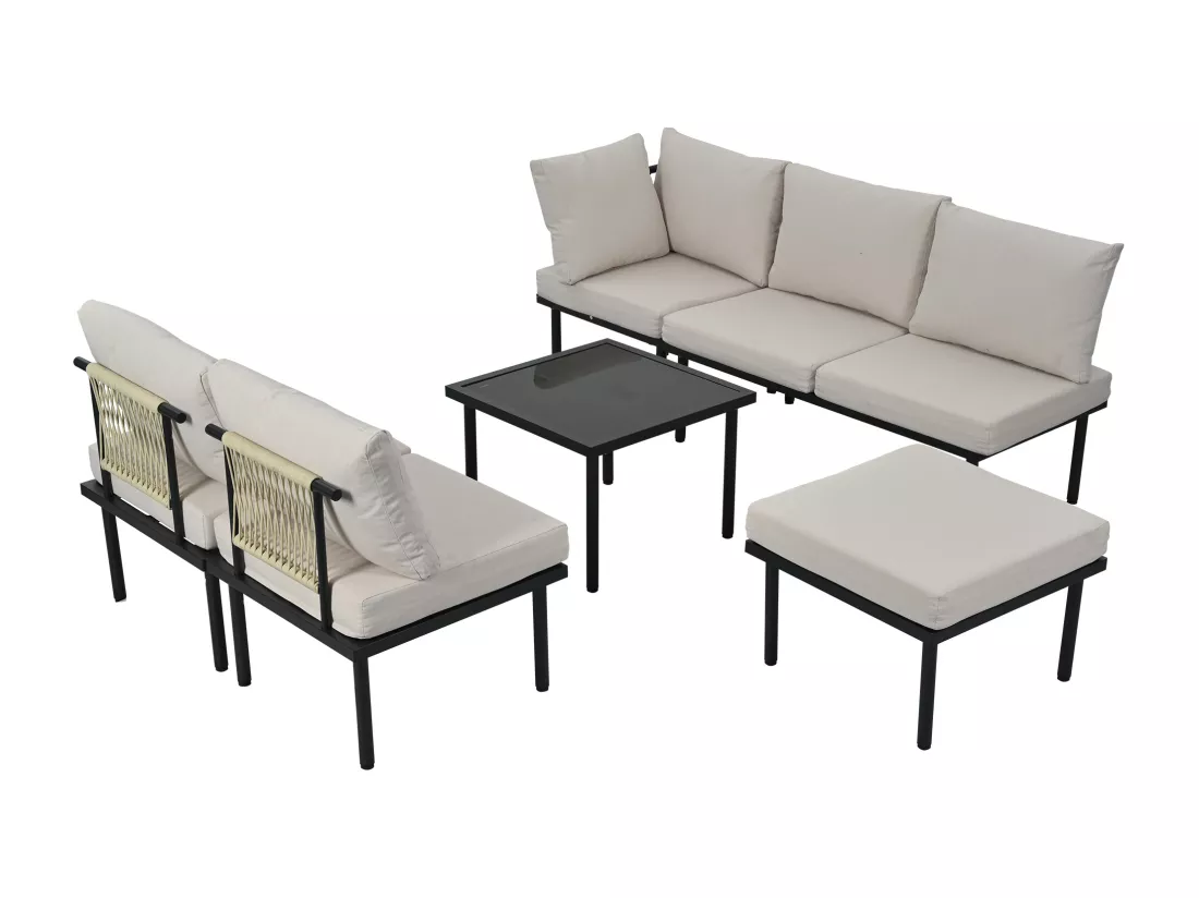 Salon de jardin modulable 6 places en acier galvanisé : 1 canapé 2 places + 1 canapé 2 places + 1 tabouret + 1 table basse carrée - Beige