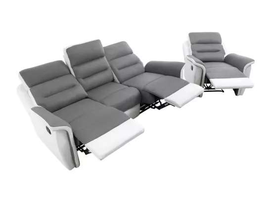 Canapé relax 3 places et 1 fauteuil Léon en PU Blanc et MF Gris - Loungitude