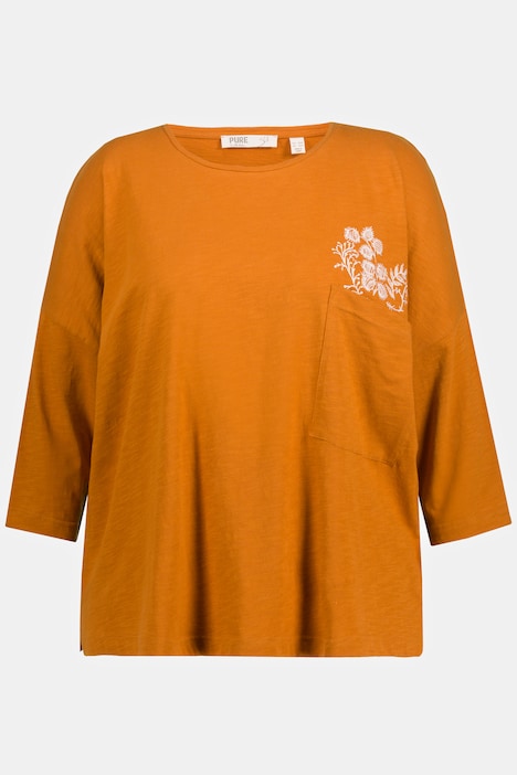 Shirt, Stickerei, Rundhals, 3/4-Arm, Biobaumwolle