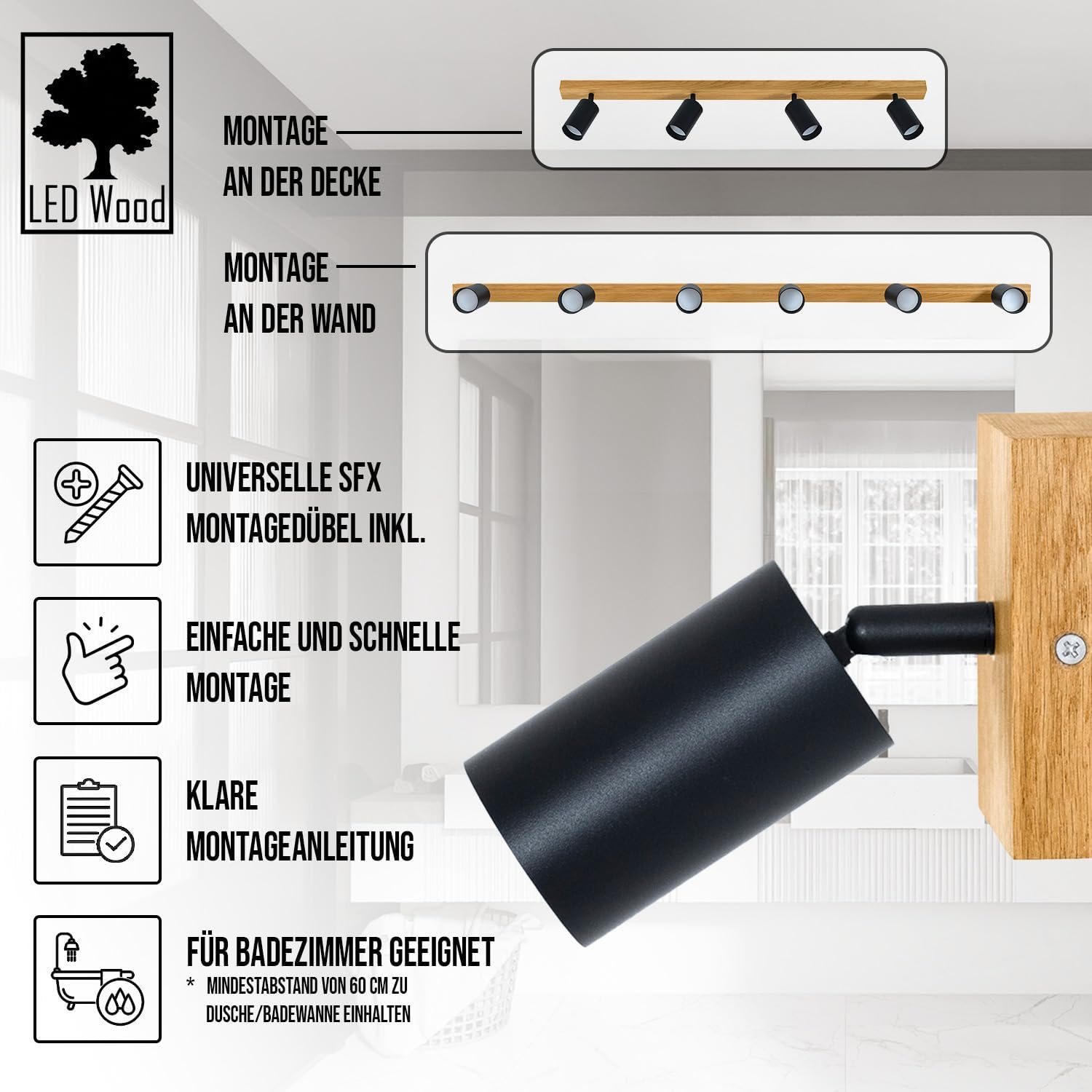 LED Wood Deckenstrahler 4 Flammig Schwenkbar - Handgefertigte Spots Deckenleuchte Modern aus Eiche - Strahler Deckenlampe Holz - GU10 Spotlight Lampe Wohnzimmer (Ohne Glühbirne) - Länge 90cm