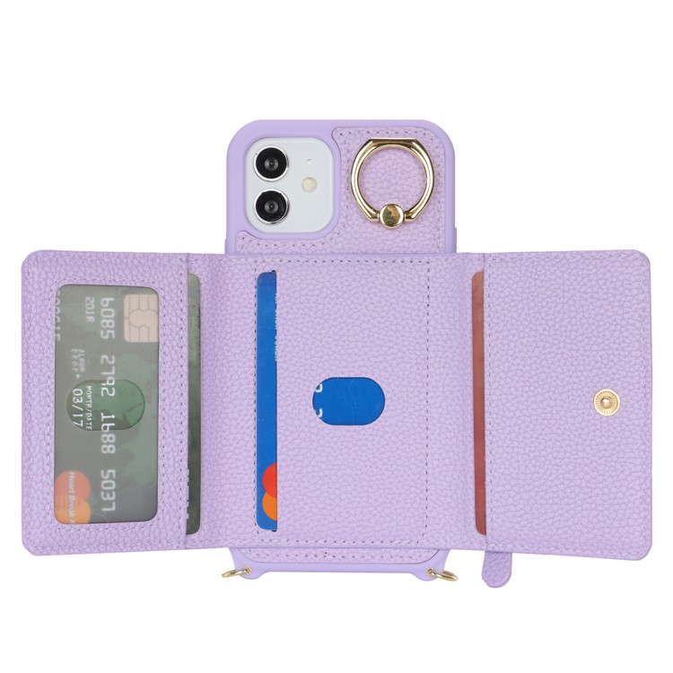 iPhone 12 / iPhone 12 Pro Necklace Leder Hülle mit Münzfach und Kartenfächer   Finger Griff Halterung   Handykette - Lila