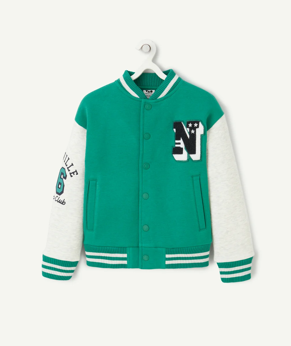 VESTE TEDDY GARÇON EN COTON BIO VERT ET GRIS THÈME CAMPUS