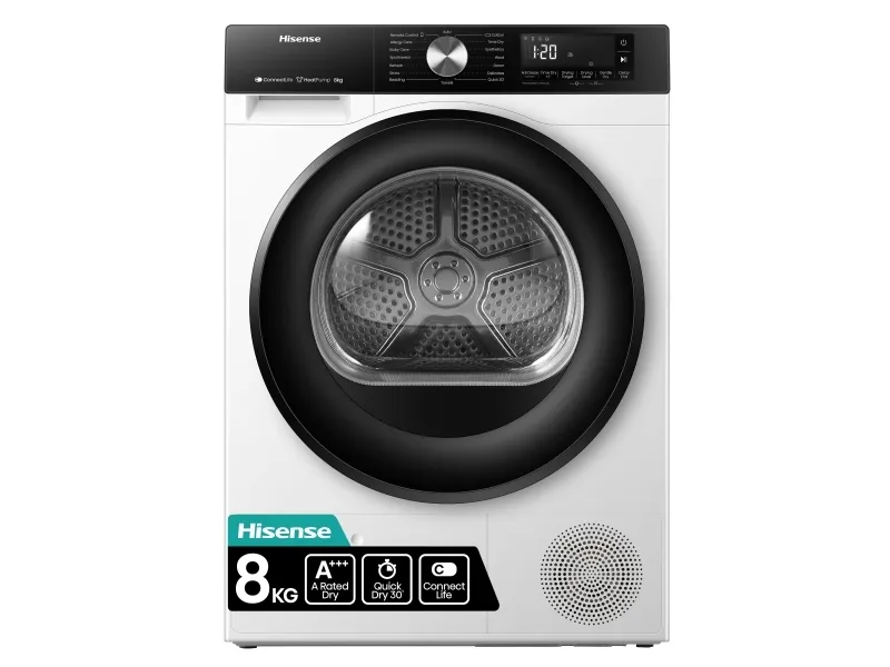 Hisense DH3S802BW3, Fritstående, Front-læsning, Varmepumpe, Hvid, Dreje, Berøring, Venstre/højre