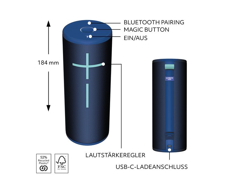 Ultimate Ears Bluetooth Speaker BOOM 4 Blau Portabler Lautsprecher, wasserdicht, mit ausgewogenem 360°-Sound und tiefen Bässe