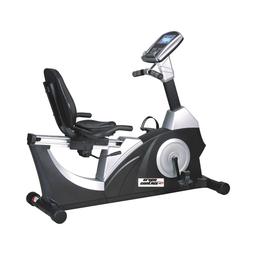 Bicicleta ergométrica reclinada com resistência magnética e tela LCD grande.