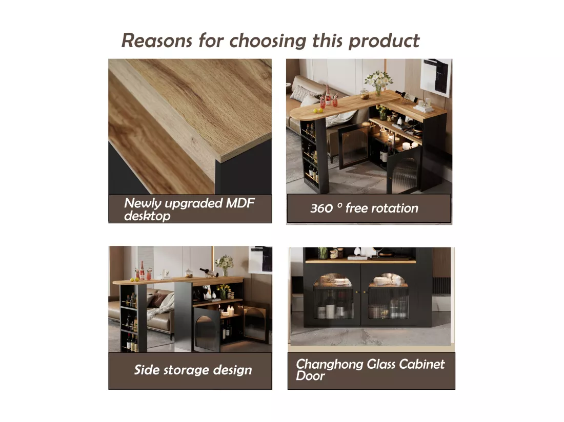 URBAN MEUBLE Buffet Table à manger extensible rotative moderne noir avec rangement et bande lumineuse LED