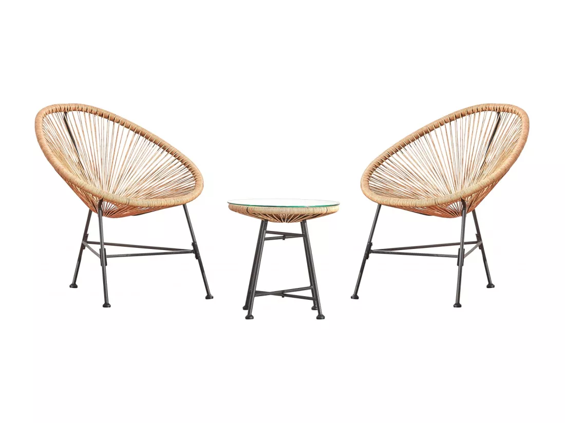 Salon de jardin 2 fauteuils oeuf + table basse beige, ACAPULCO