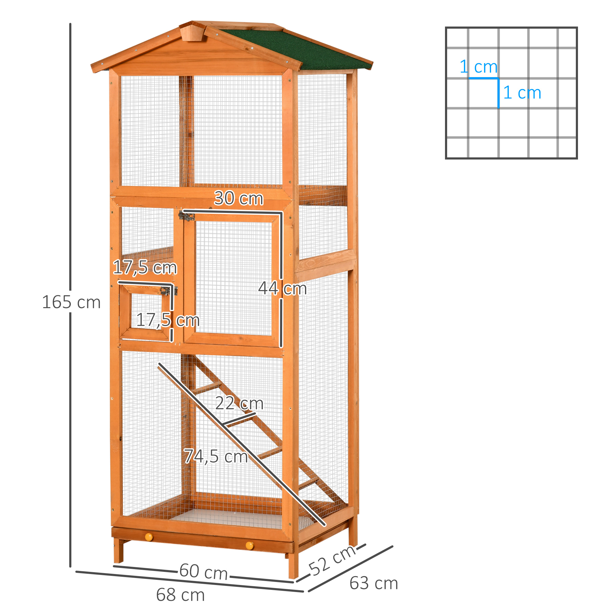Gaiola grande para pássaros PawHut, 68x63x165 cm, em madeira de abeto, com 2 portas, bandeja removível e telhado de asfalto.