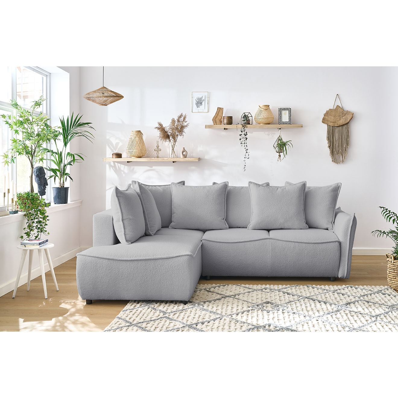 Bobochic Canapé d'angle L gauche convertible bouclette Léon gris clair - 257x90x194 cm