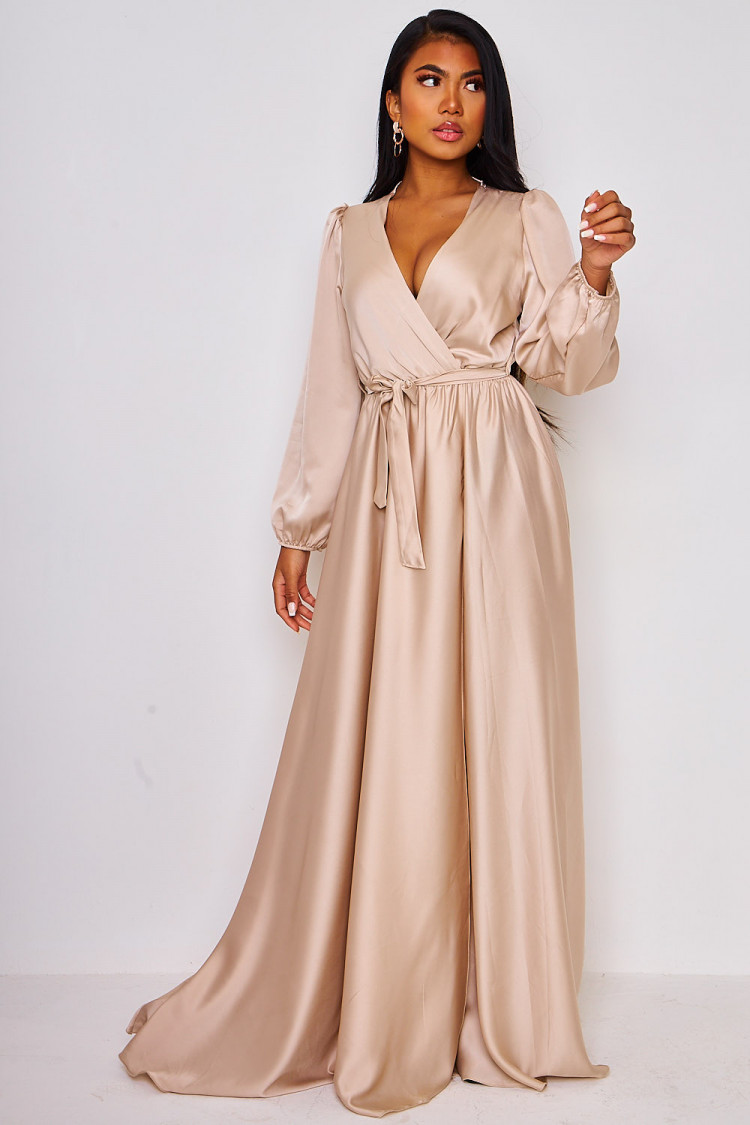 Robe maxi nude satiné à nouer
