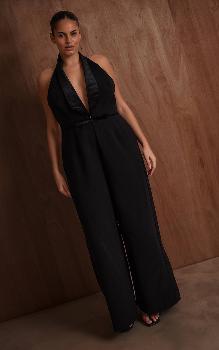 Noir Combinaison-pantalon Jambe Large En Velours Avec Nœud Décoratif Plt Label Plus