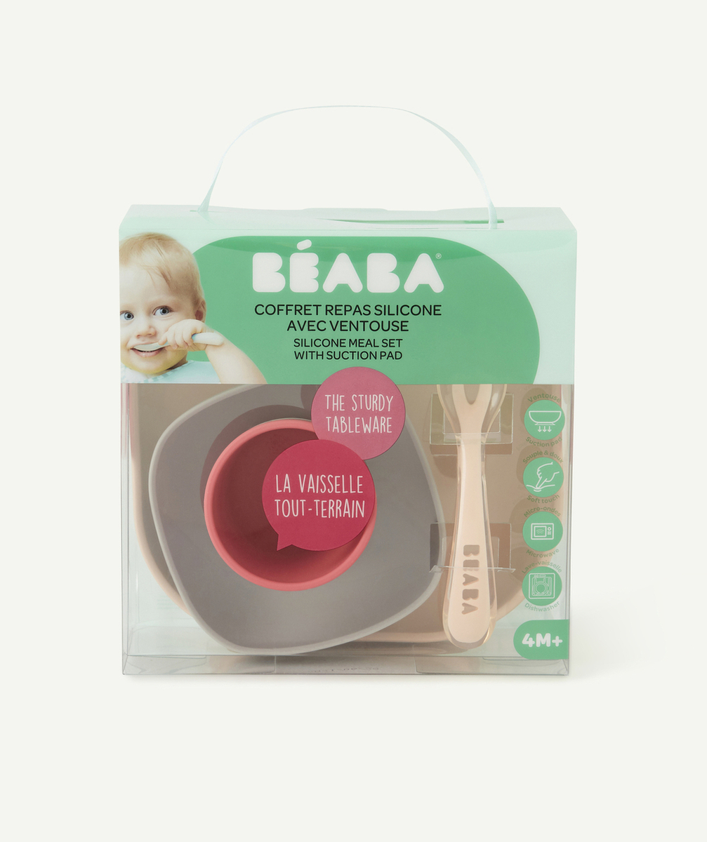 BEABACOFFRET REPAS EN SILICONE ROSE AVEC VENTOUSE