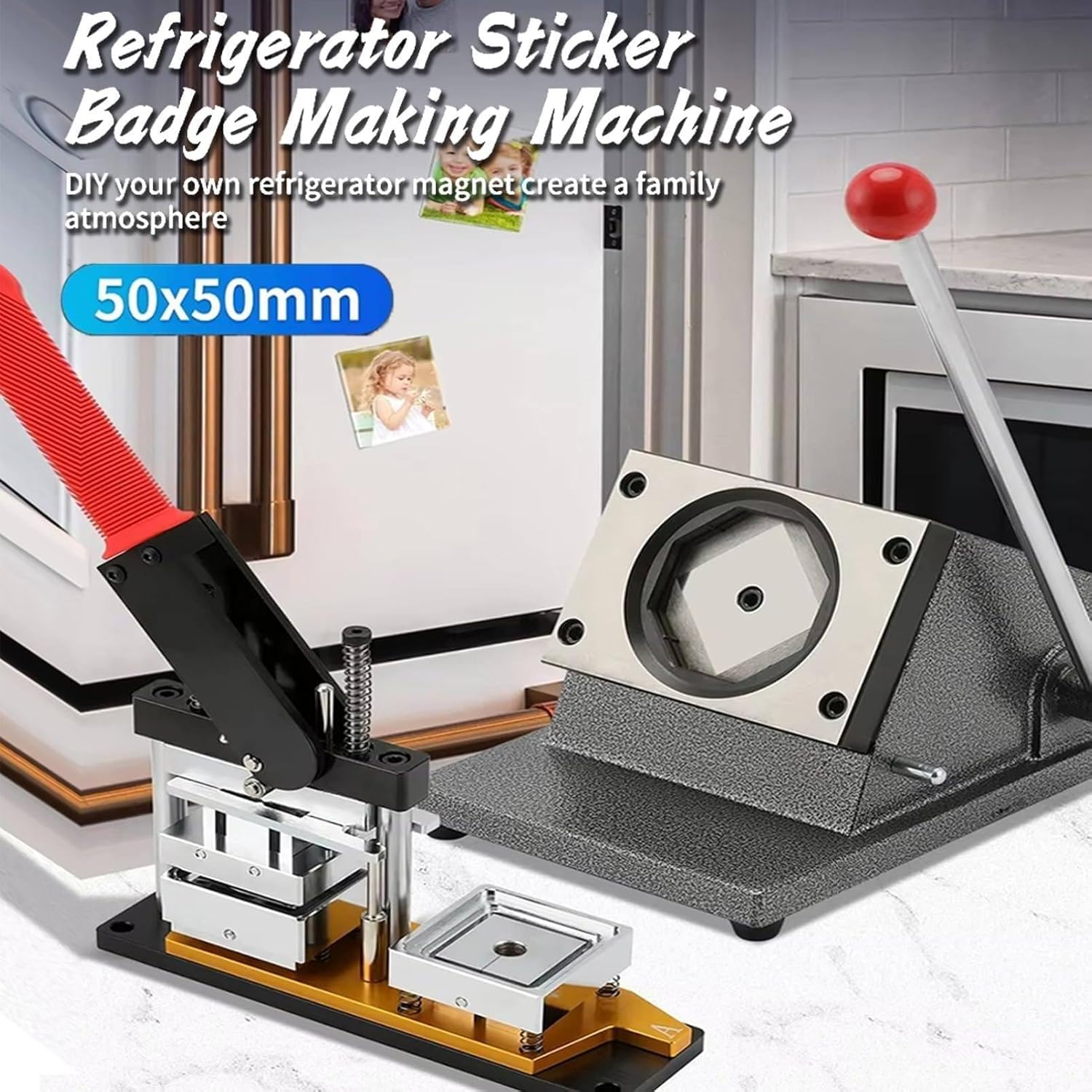 Magnetischer Bilderrahmen und Button-Button-Hersteller, Button-Presse, 50 x 50 mm Fotomagnet-Maschine mit Papierschneidemaschine, für individuelle Kühlschrankmagnete