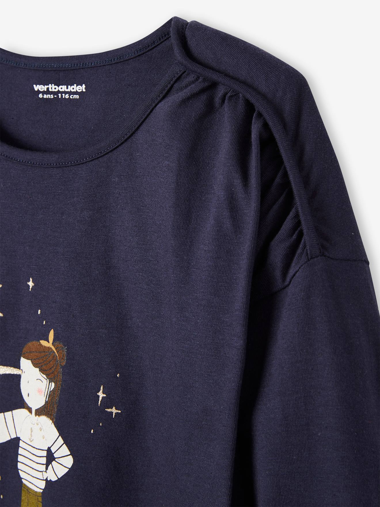 Camiseta feminina com detalhes iridescentes, para meninas. Azul escuro liso com estampas.