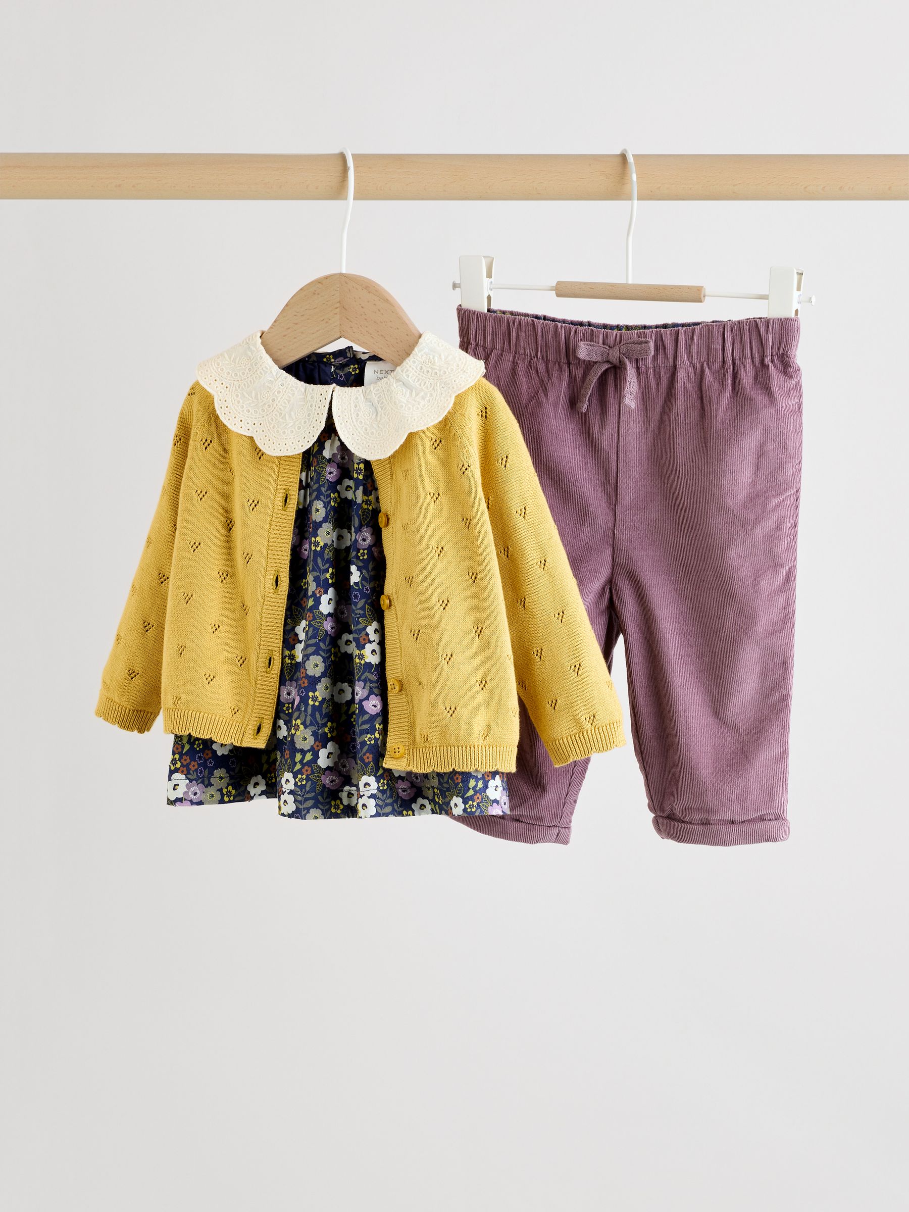 Geel/marineblauw met fijne print/paars - Knitted Cardigan, Long Sleeve Top and Cord Trouses Baby 3 Piece Set (0mths-2yrs)
